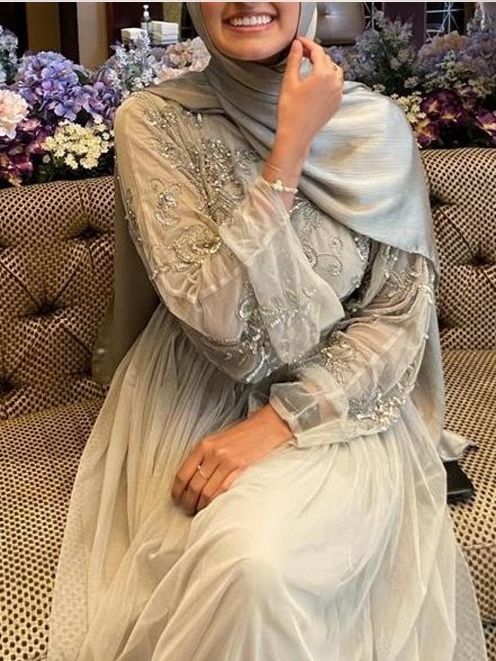 Hand Embellished Long Sleeve Evening Gown in Soft Silver Gray